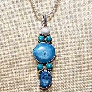 Solar quartz druzy, turquoise gemstone, 925 silver necklace